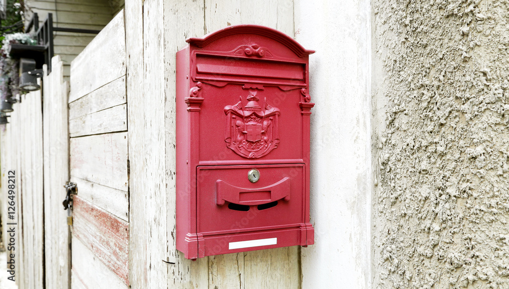 Red Letter box vintage design hanging on white wooden 2