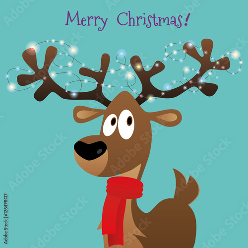 Merry Christmas card with cartoon deer, lights on big horns