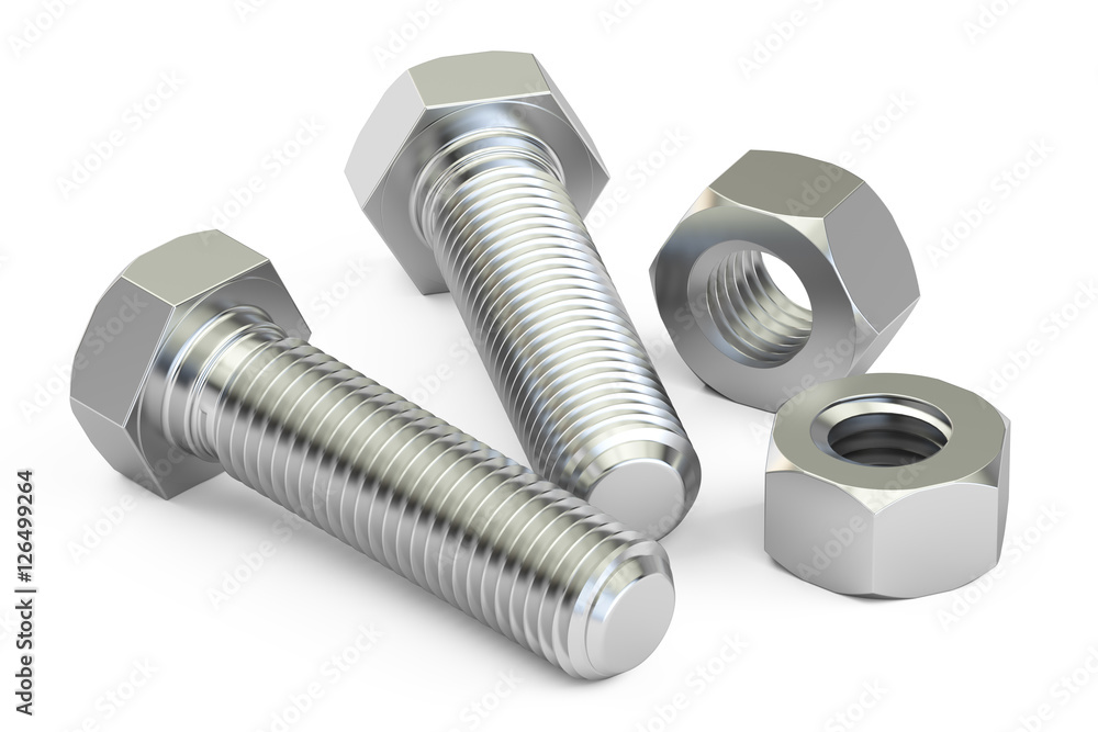 Bolts with nuts closeup, 3D rendering Bolts with nuts closeup, 3D rendering