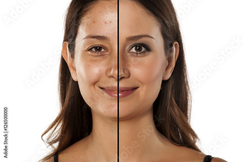 comparative portrait of the same woman, with and without makeup