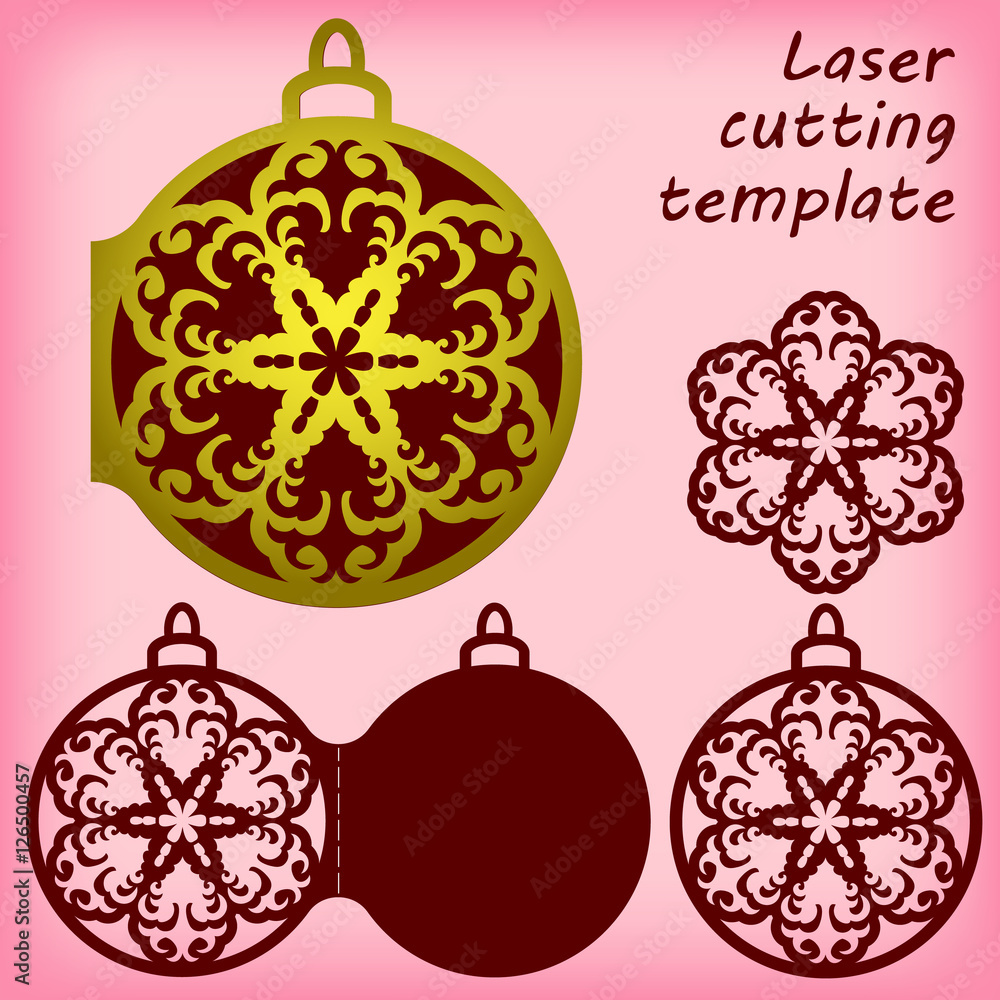 Set of laser cutting templates. Openwork snowflake, christmas tree bauble, card. For greeting cards, labels, tags, invitations. Card size 100x120 mm. Vector illustration. Set of laser cutting templates. Openwork snowflake, christmas tree bauble, card. For greeting cards, labels, tags, invitations. Card size 100x120 mm. Vector illustration.