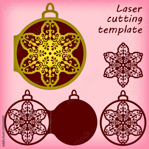Set of laser cutting templates. Openwork snowflake, christmas tree bauble, card. For greeting cards, labels, tags, invitations. Card size 100x120 mm. Vector illustration.