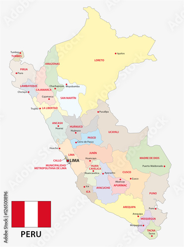 Peru administrative and political map with flag