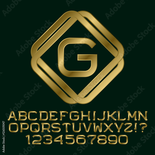 Golden letters and numbers with G initial monogram. Beautiful font for logo design. Isolated english alphabet, figures.