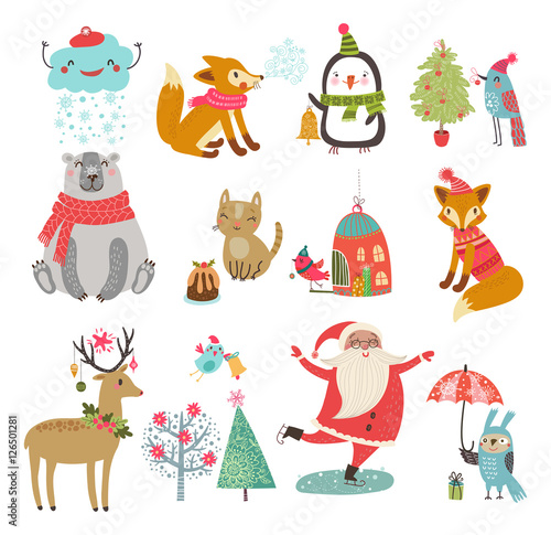 Vector set of cute characters. New year Christmas Winter Collection