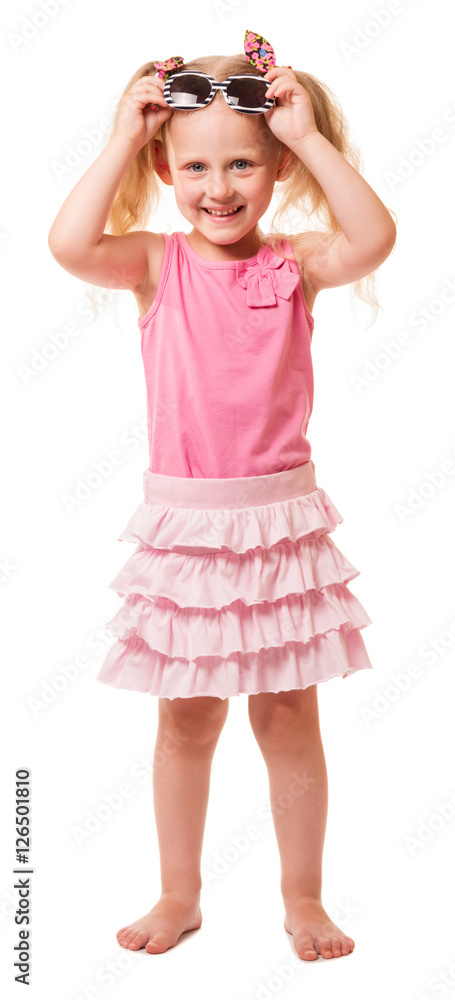 Cute little blond girl wears sunglasses isolated on white. Cute little blond girl wears sunglasses isolated on white.