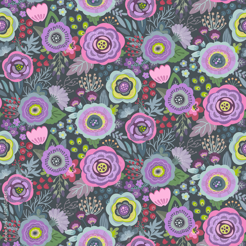 Vector seamless pattern with flowers  leaves  branches and berries