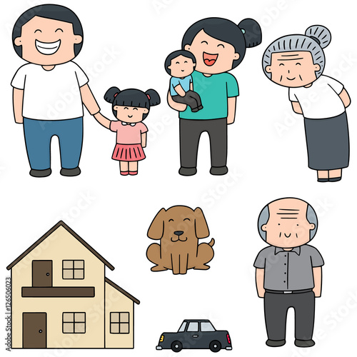 vector set of family, car and house