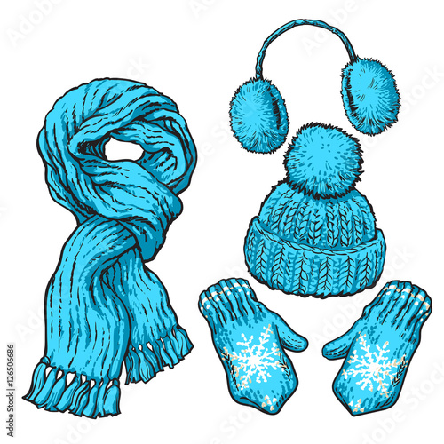 Set of bright blue knotted scarf, hat, ear muffs and mittens, sketch style vector illustrations isolated on white background. Hand drawn woolen scarf, hat with a pompom, mittens and ear warmers