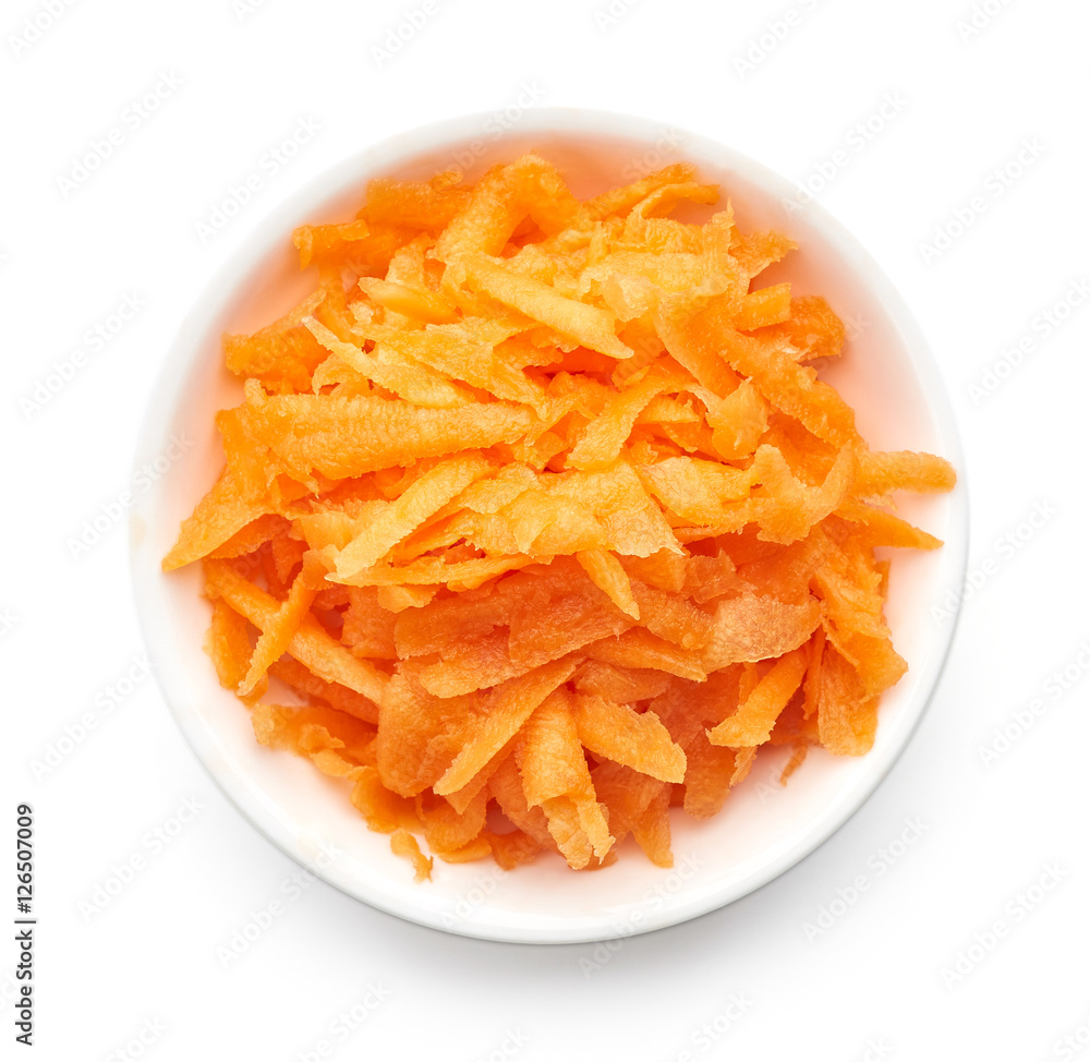Bowl of grated carrot from above Bowl of grated carrot from above