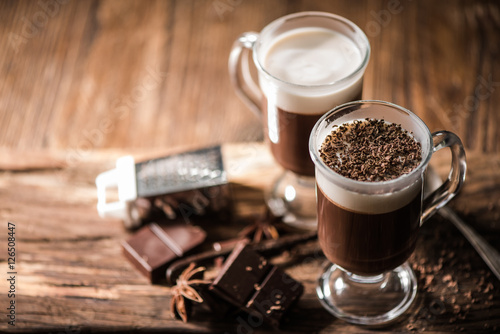 Irish coffee with grated dark chocolate