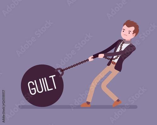Businessman dragging a weight Guilt on chain