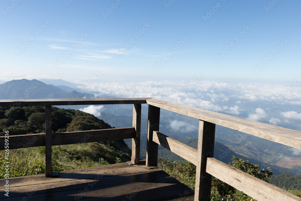 wood balcony with mountain view in morning