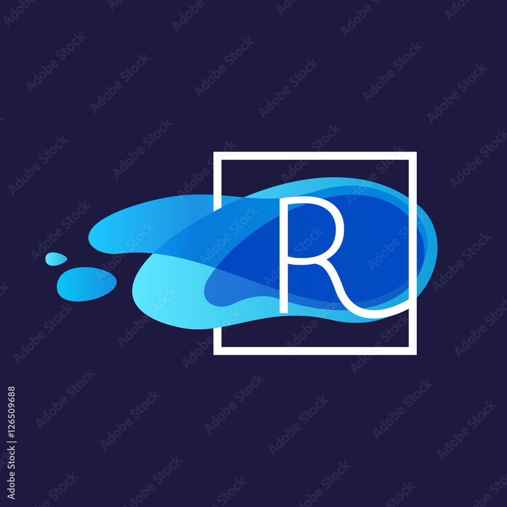 R letter logo in square frame at watercolor blue flow background R letter logo in square frame at watercolor blue flow background