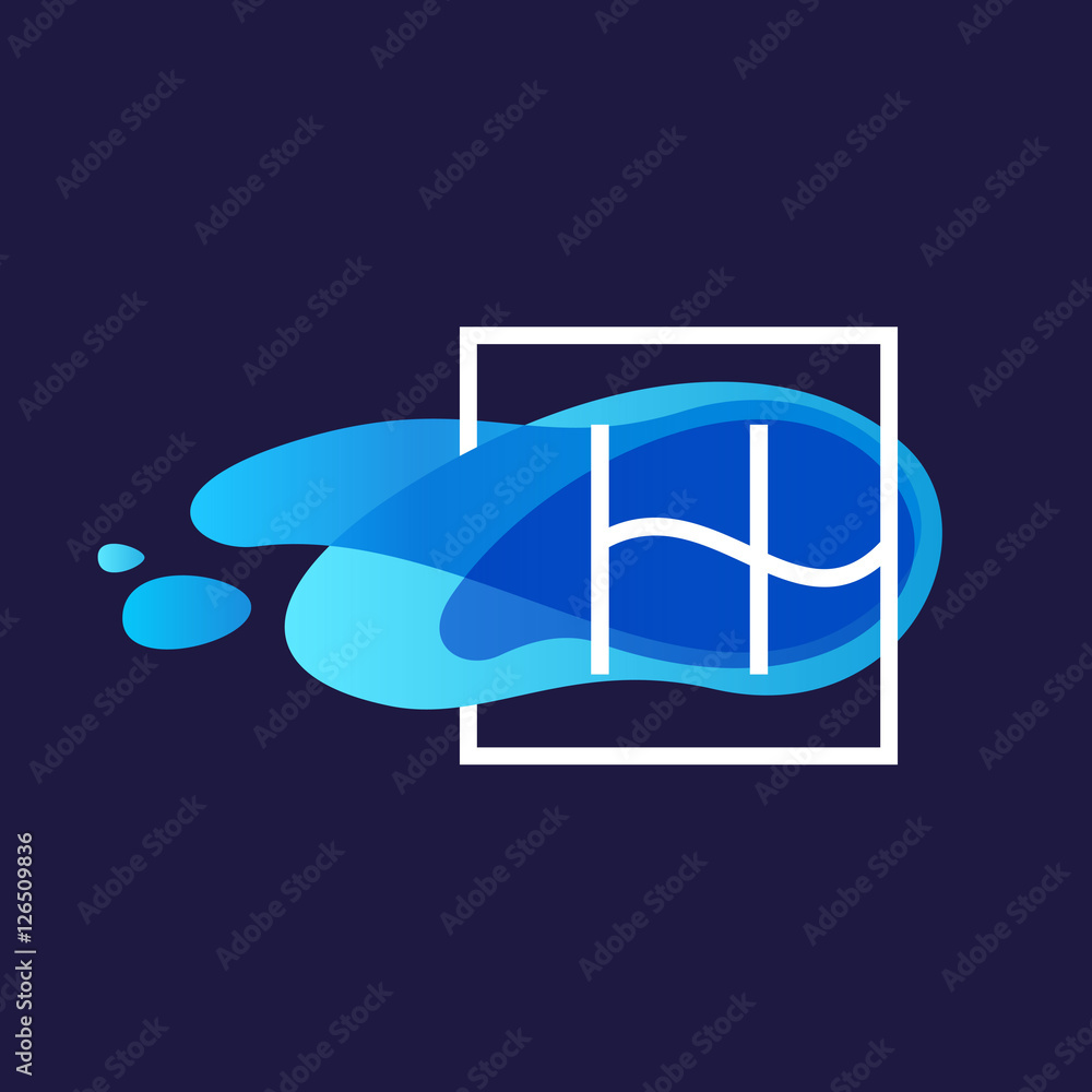 H letter logo in square frame at watercolor blue flow background H letter logo in square frame at watercolor blue flow background