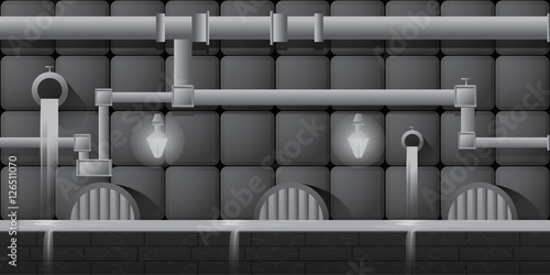 Seamless editable horizontal indoor background with gems and pipeline for platform game