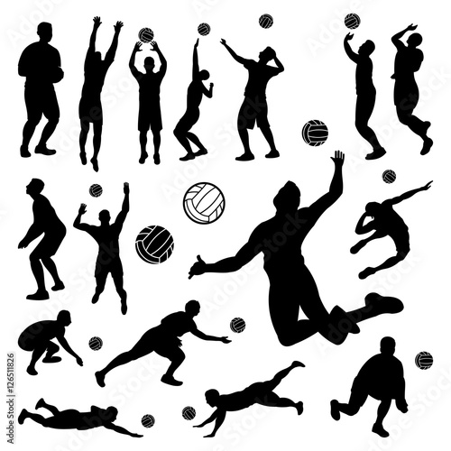 Volleyball Men Silhouette Set - Playing Serve Jumping Smash