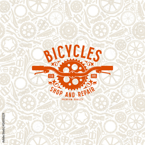 Seamless pattern and bike shop label