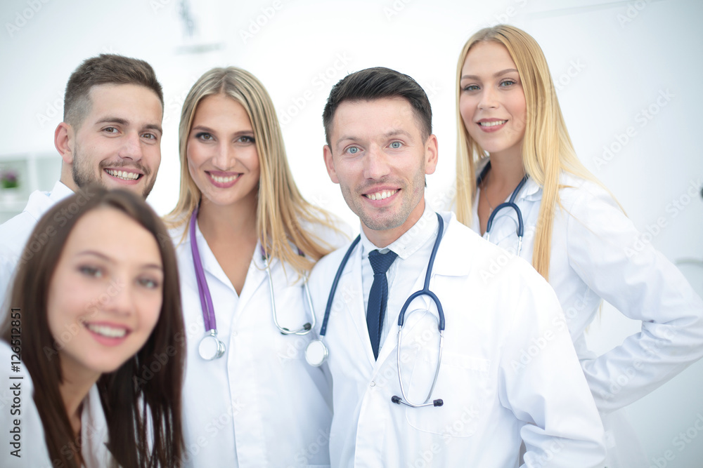 Cheerful team of doctors and interns make selfie Cheerful team of doctors and interns make selfie