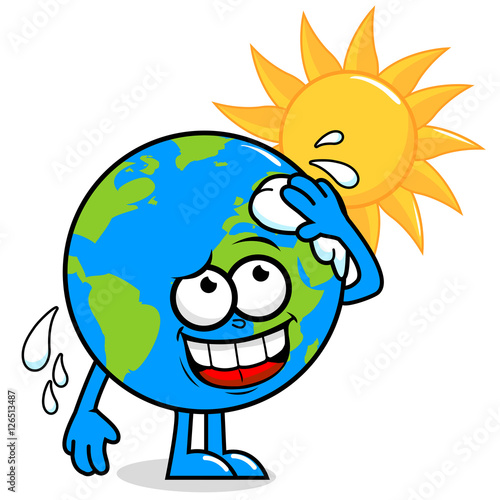 Cartoon planet earth character in front of a burning sun wiping sweat and getting hot. Vector illustration