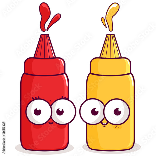 Cartoon bottles of tomato ketchup and mustard. Vector illustration