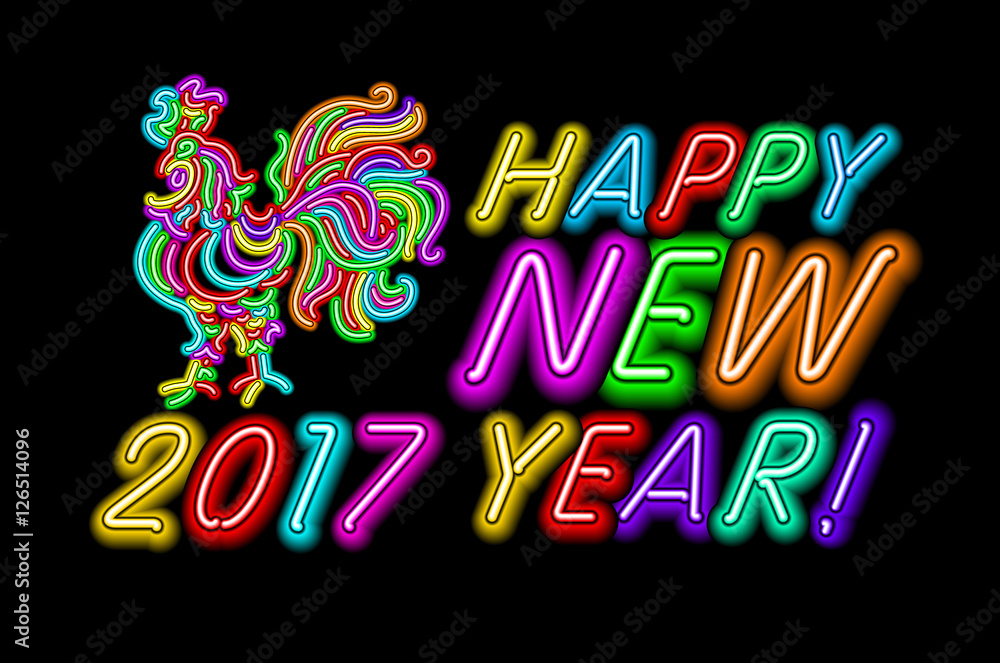 Vector 2017 Happy New Year rooster neon color light