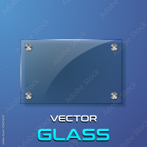 Transparent Glass plate on blue background. Realistic banner vector illustration.