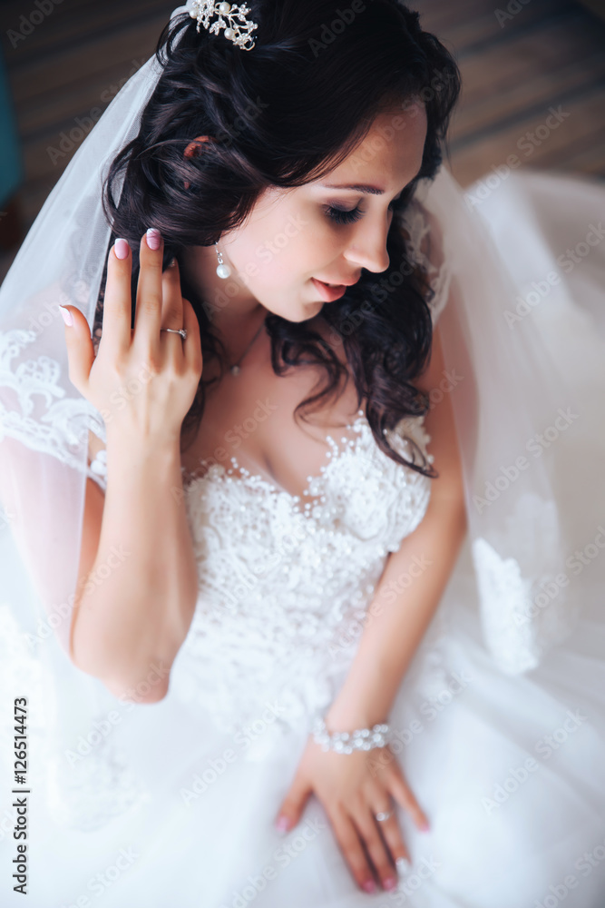 beautiful bride brunette girl in white wedding dress with hairstyle and bright makeup beautiful bride brunette girl in white wedding dress with hairstyle and bright makeup