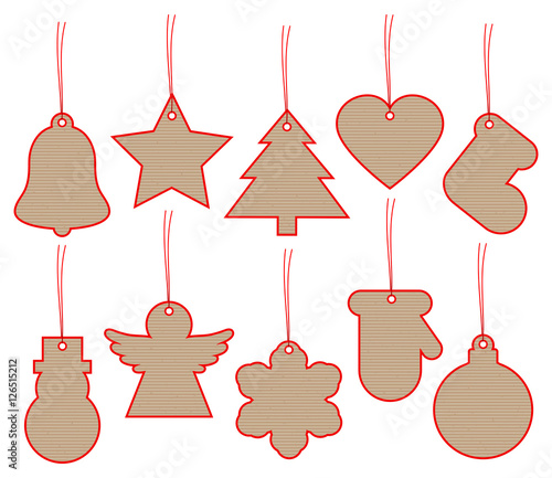 Set 10 Christmas Hangtags Brown Paper Red Frame