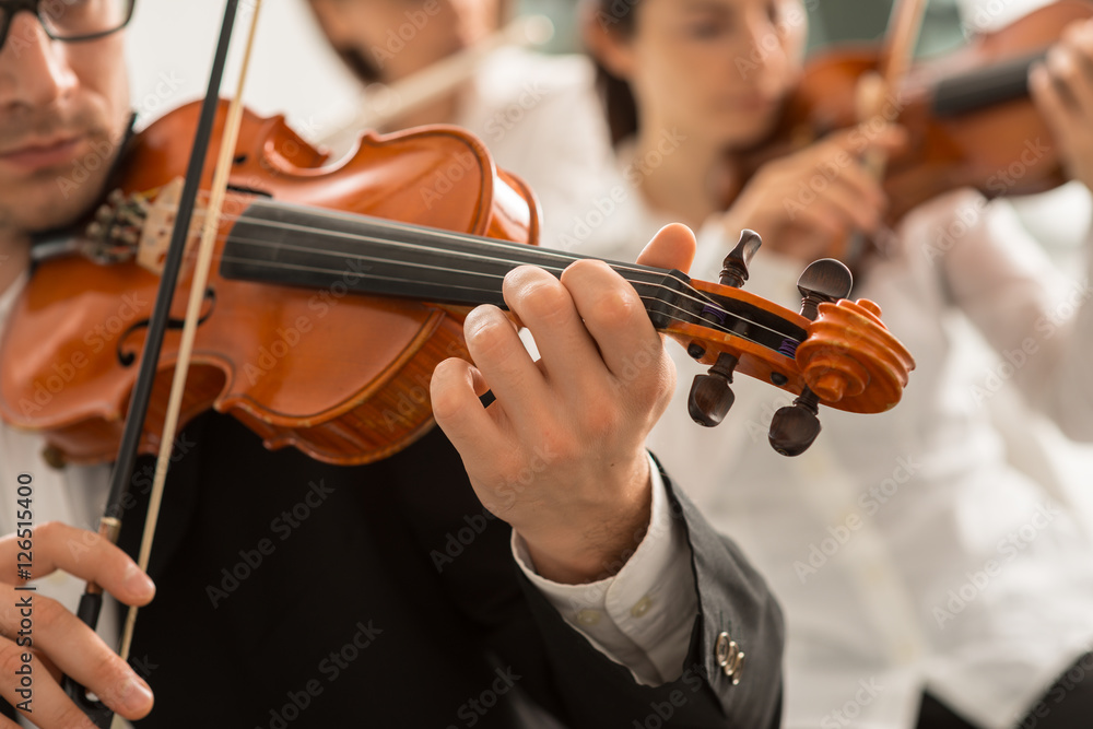 Orchestra string section performing Orchestra string section performing