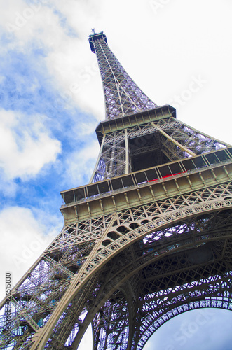 Diagonal view of Eiffel Tower.Famous french symbol.Paris.France..