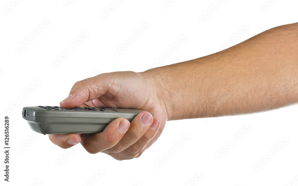 hand with remote control on white hand with remote control on white