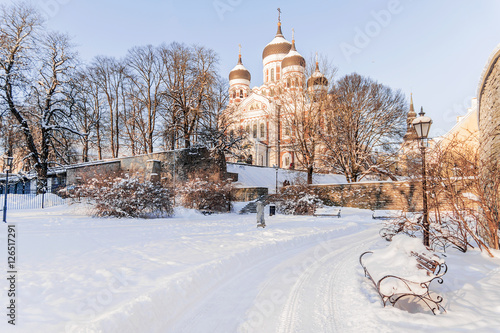 Winter frosty morning in Tallinn. Alexander Nevsky Cathedral