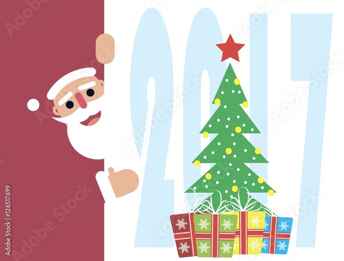 vector illustration with flat santa claus charcter and christmas tree on 2017 background