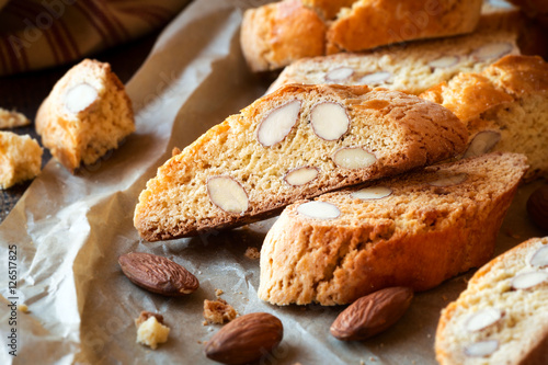 Freshly baked Italian almond cantuccini biscuits photo
