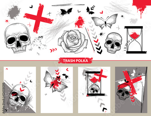Vector set with design templates and cards in Trash Polka and dotwork style isolated. Dotted skull, cross, abstract arrows, butterfly, lines, hourglass in red and black. Creative print illustrations.