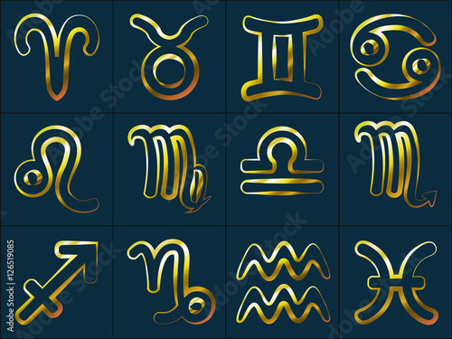 Golden Zodiac Signs Stickers Aries Taurus Gemini Cancer Leo Virgo Libra Scorpio Sagittarius Capricorn Aquarius and Pisces. Horoscope astrology symbols vector