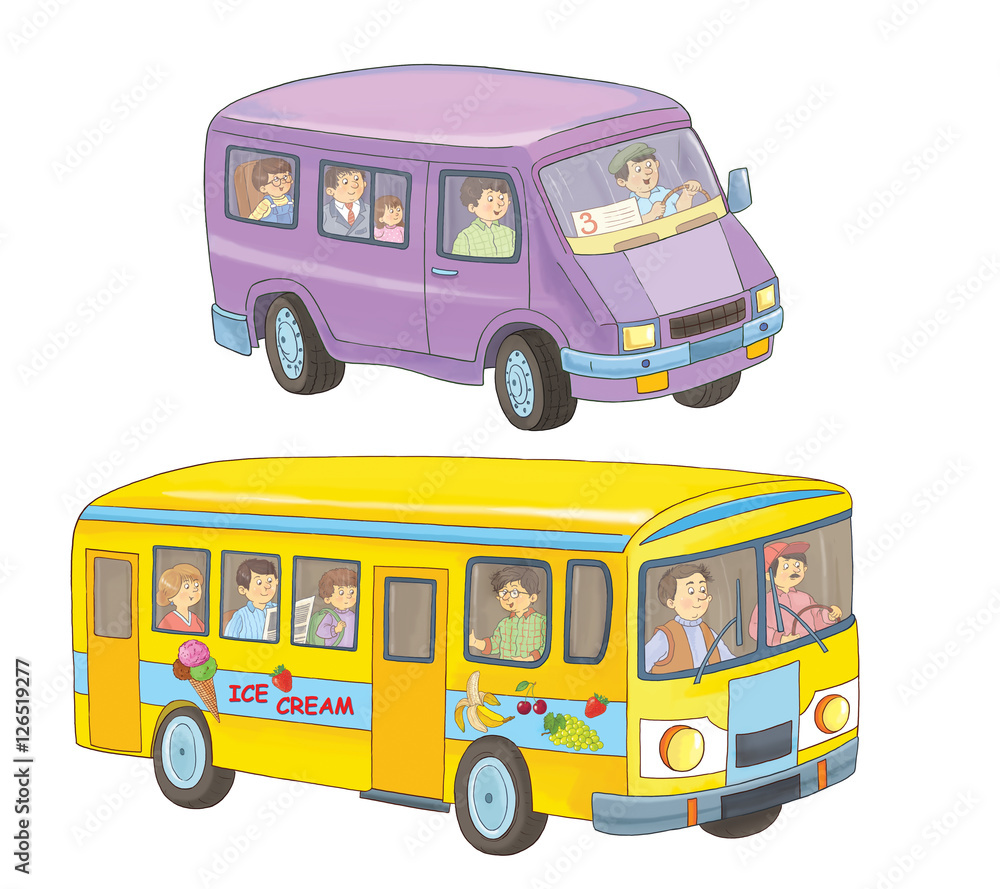 A bus and a minibus with passengers. Coloring book. Coloring page. Illustration for children. Cute cartoon characters isolated on white background