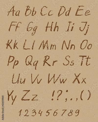 Wax crayon child's drawing alphabet. Pastel chalk font set on craft paper seamless background. ABC drawing letters. Kids drawn charcoal vector.