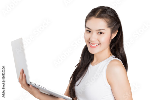 Young happy Asian woman with laptop, happy smiley face student w
