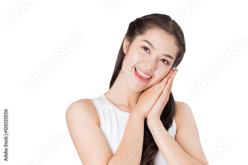 Young Asian woman looking upward with smiley happy face.