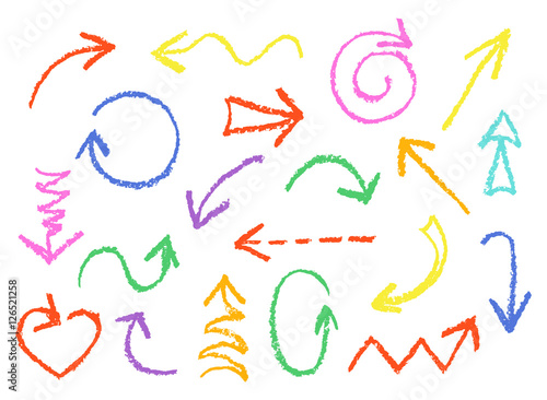 Set of hand drawn wax crayon fun colorful arrows. Hand painting red, pink, blue, yellow, green design elements. Vector collection on white background.