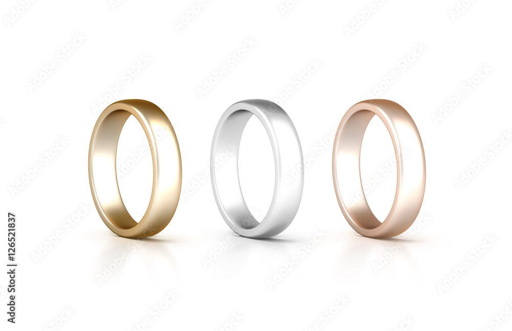 Rings set stand isolated, golden, silver, pink gold jewelry, clipping path, 3d rendering. White gold wedding ciclet with micro scratches. Yellow, siller and rose gift metal circles. Rings set stand isolated, golden, silver, pink gold jewelry, clipping path, 3d rendering. White gold wedding ciclet with micro scratches. Yellow, siller and rose gift metal circles.