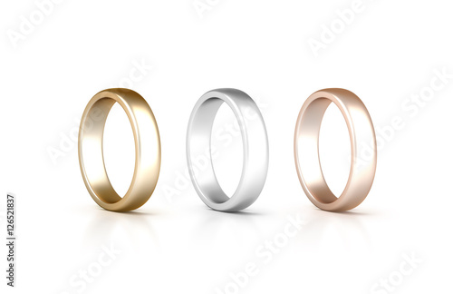 Rings set stand isolated, golden, silver, pink gold jewelry, clipping path, 3d rendering. White gold wedding ciclet with micro scratches. Yellow, siller and rose gift metal circles.