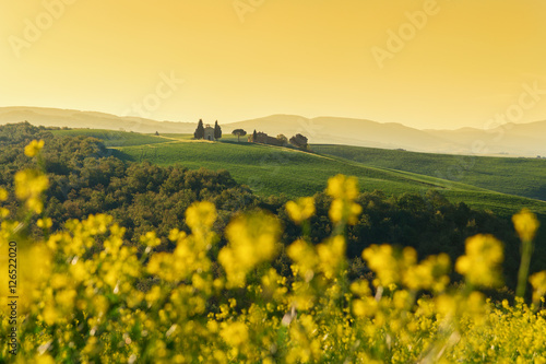 Tuscany landscape on the hill with a little chapel of Madonna d