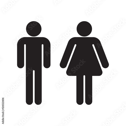 Black silhouettes of a man and woman, isolated on white background. Flat people icon, suitable for a toilet sign.