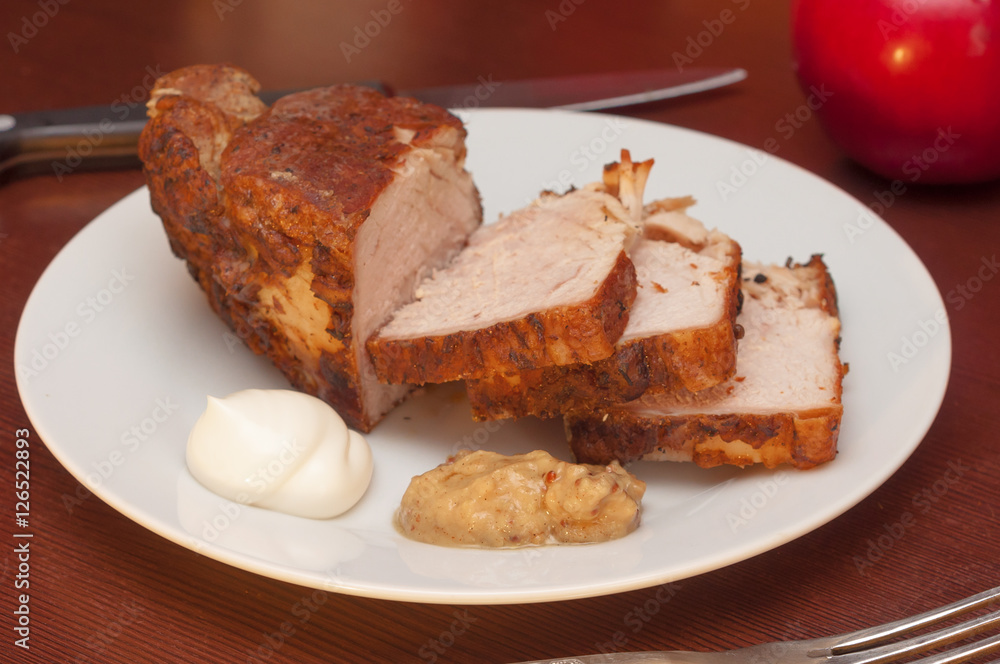 Roasted meat with spice, sauce and mustard in white plate. Beef Roasted meat with spice, sauce and mustard in white plate. Beef