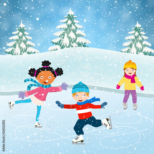 Winter scene with skating children