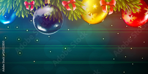 Christmas vector background with fir tree branch color bulbs for winter New 2017 Year holidays celebration illustration flyer and postcard design