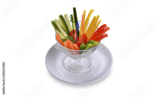 Fresh vegetables sliced. Vegetarian breakfast cutting in a glass salad bowl